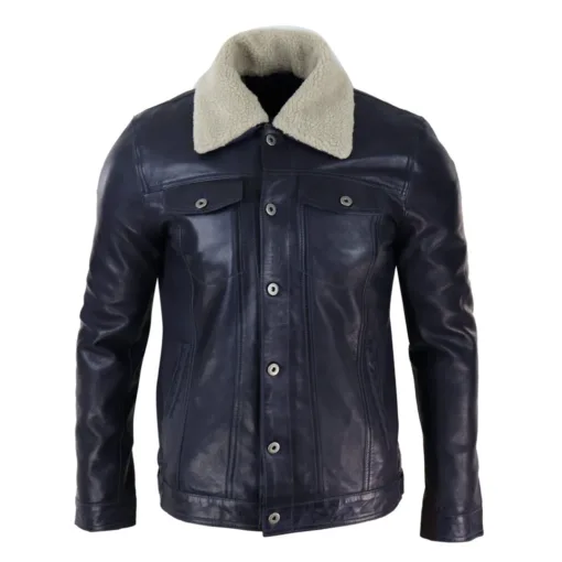 Infinity 5038 Mens Leather Jeans Jacket Fur Collar Navy Blue