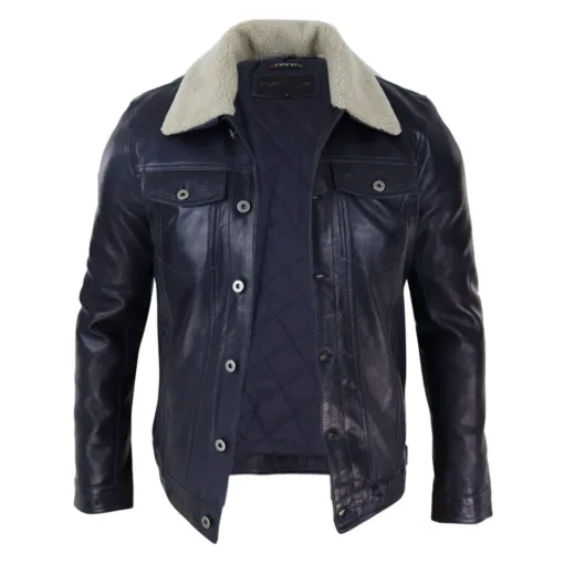 Infinity 5038 Mens Leather Jeans Jacket Fur Collar Navy Blue