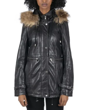 Women’s Real Leather Parka Coat 3/4 Removable Hood Fur Button Cover Zipped