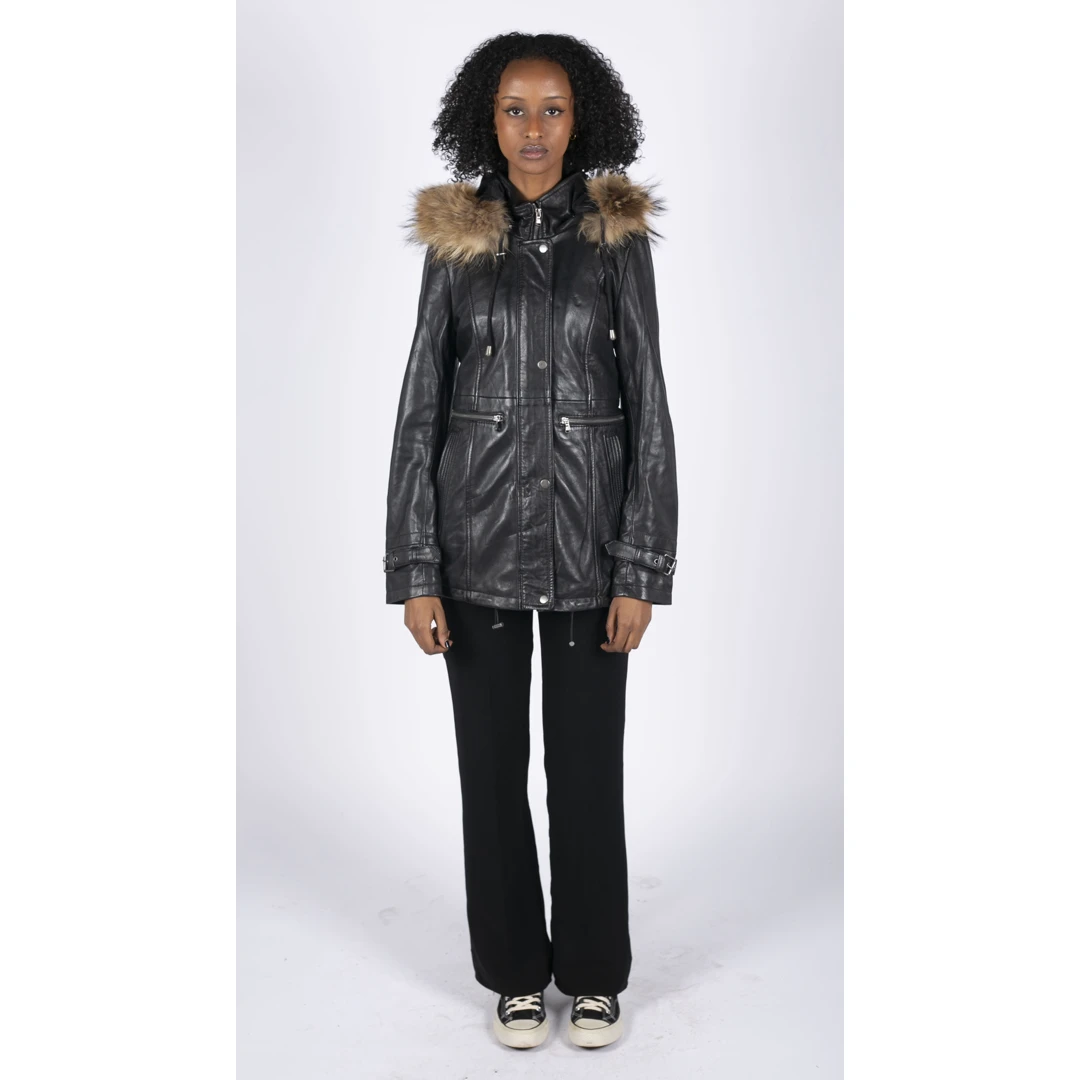 Infinity 5039 Women's Leather Parka Coat 3/4 Hood Fur