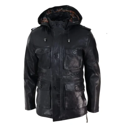 Men 3/4 Long Real Leather Duffle Jacket Coat Safari Detachable Hood Military