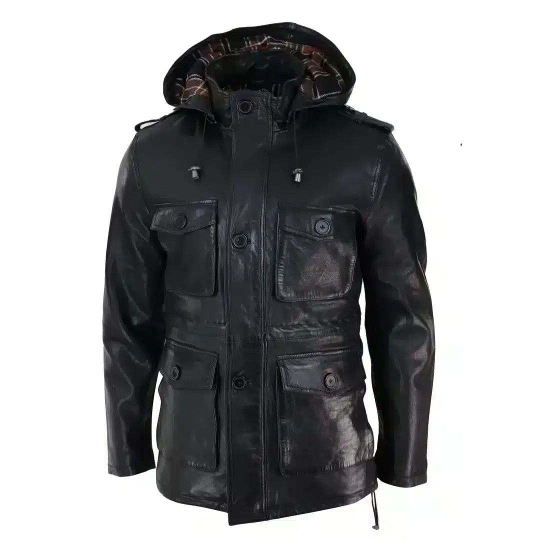 Infinity 5043 Men's 3/4 Leather Duffle Coat Hood Military