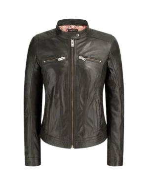 Women’s Black Biker Jacket Real Leather Zipped Fitted Nehru Collar