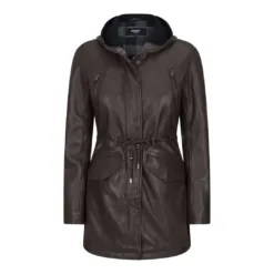 Infinity 5036 Women's Leather Hooded Parka Jacket Navy Brown