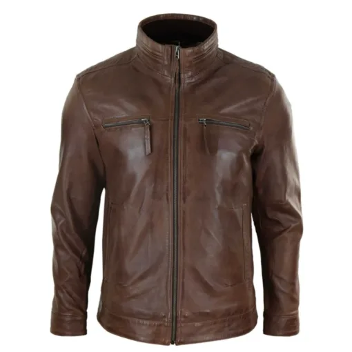 Infinity 999 Mens Leather Jacket Zipped Biker High Collar