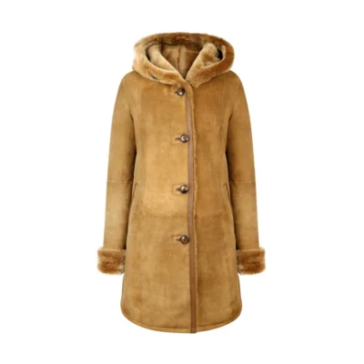 Women’s Sheepskin Jacket 3/4 Long Hood Merino Fur Camel Tan