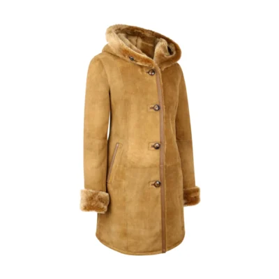 Women’s Sheepskin Jacket 3/4 Long Hood Merino Fur Camel Tan