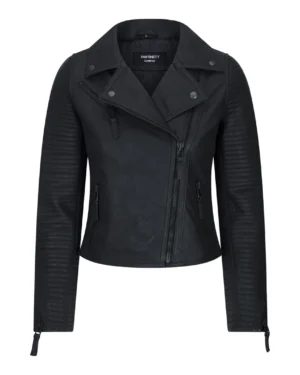 Women’s Cross Zip Biker Leather Jacket Matt Black Stitch Design Slim Fit Vintage Retro