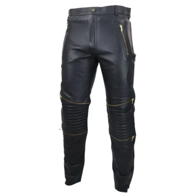 Men’s Black White Real Leather Jeans Gold Zips Retro Classic Vintage Goth Punk