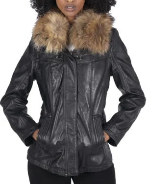 Women’s Real Leather Short Parka Jacket Coat Fur Hood Zipped Brown Tan Black