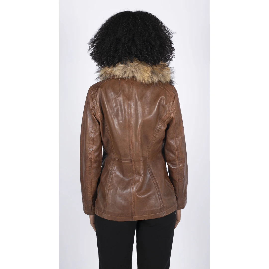 Infinity Dalia Women's Leather Coat Fur Hood Brown Tan Black