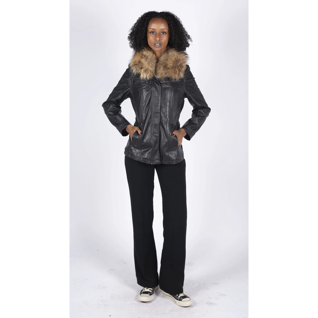 Infinity Dalia Women's Leather Coat Fur Hood Brown Tan Black
