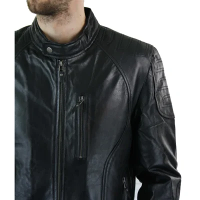 Men Biker Style Real Leather Blue Black Zipped Jacket Smart Casual Retro Vintage