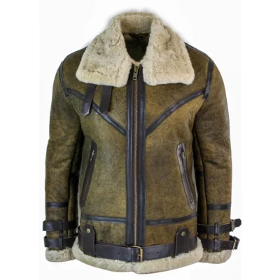 Men Sherling Real Sheepskin Leather Viking Vintage RAF Jacket Brown Cream Fur – Brown, m