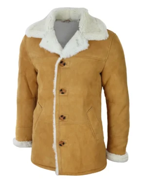 Men 3/4 Genuine Sheepskin Coat Classic Tan Brown Camel Jacket Cream Fur