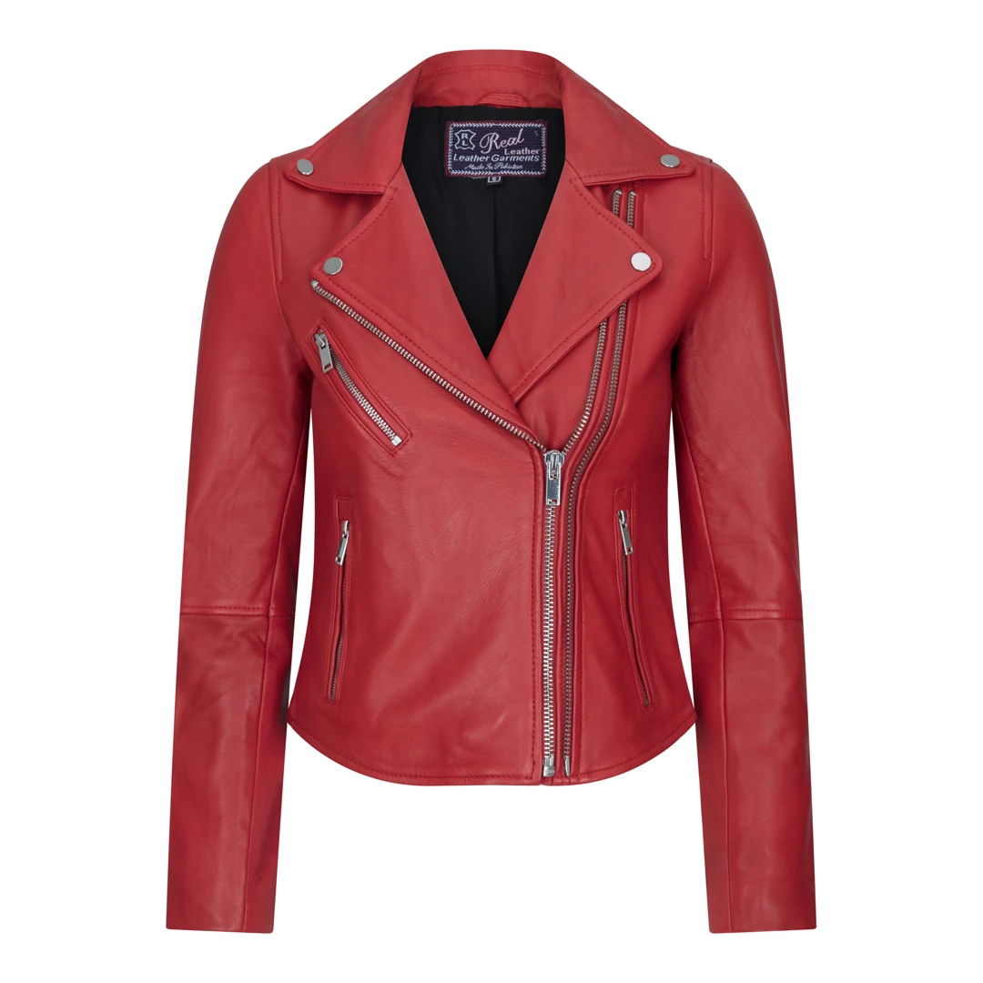 Infinity MB087 Women's Biker Leather Jacket Brando Red Black