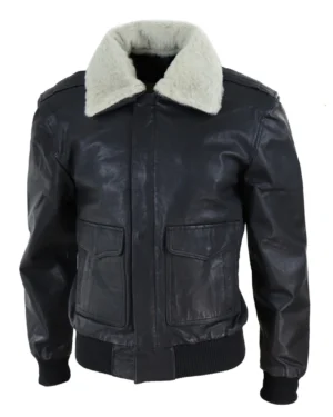 Men Air Force 1 Real Leather Jacket Pilot Bomber Fur Collar Casual Black