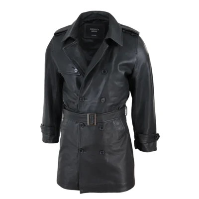 Men Black 3/4 Trench Coat Real Leather Belted Jacket Classic Soft Napa Classic