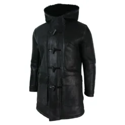 Infinity Men's Sheepskin 3/4 Hood Duffle Jacket Black Fur