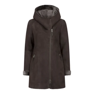 Women’s 3/4 Mid Length Real Sheepskin Brown Vintage Toscana Suede Hood Coat
