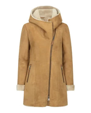 Women’s 3/4 Mid Length Real Sheepskin Camel Cream Vintage Toscana Suede Hood Coat