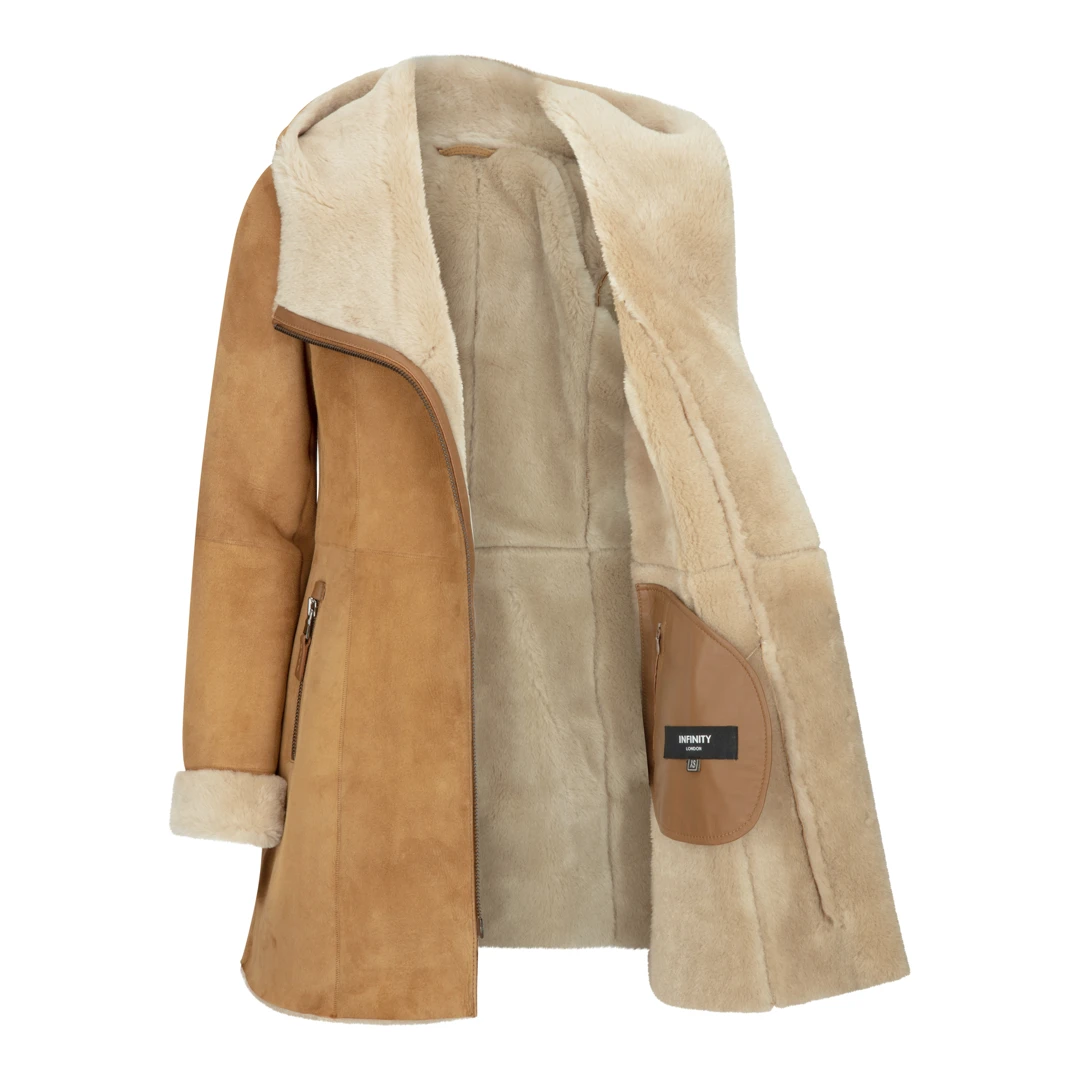 Infinity Milly Women's Sheepskin Camel Toscana Suede Coat