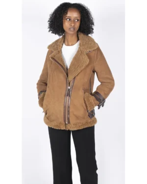 Women’s Genuine Sheepskin Leather Cross Zip Flying Aviator Jacket Camel Brown Fur