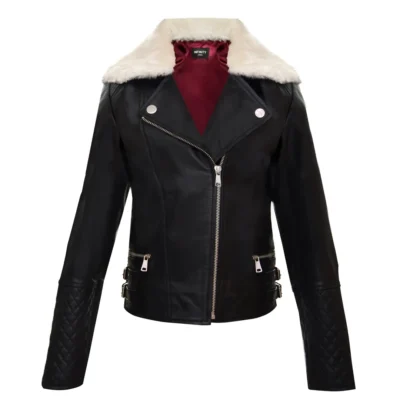 Girls Kids Real leather Biker Style Jacket Cross Zip Black Fur Collar Age 1 – 13