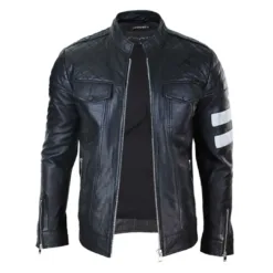 Infinity jan198 Men's Leather Jacket Biker Napa Stripes Black