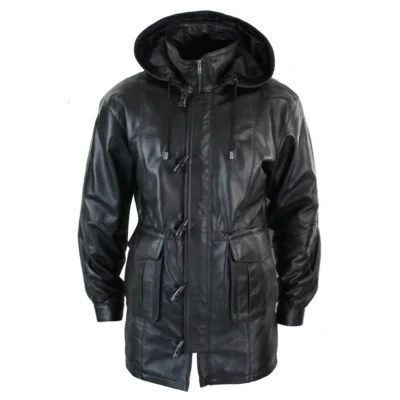 Men 3/4 Long Real Leather Duffle Jacket Coat Safari Detachable Hood Classic