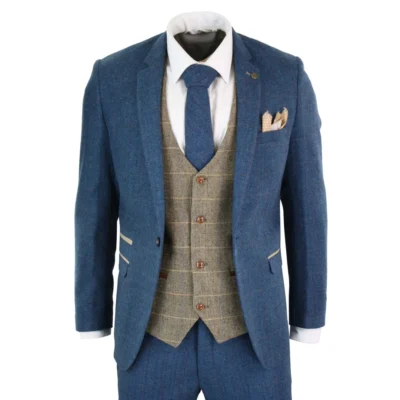 Men Blue Tan Brown 3 Piece Herringbone Tweed Check Vintage Tailored Fit Suit