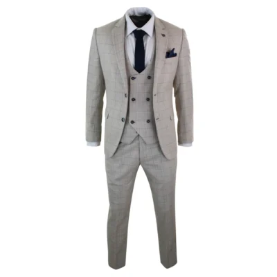 Men Marc Darcy 3 Piece Cream Beige Blue Check Double Breasted Waistcoat Suit