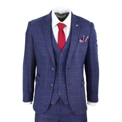 Men 3 Piece Suit Blue Check Wool Feel Marc Darcy Tailored Fit Wedding Prom