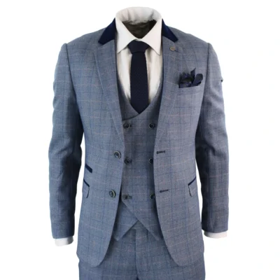 Men Blue Check Marc Darcy 3 Piece Suit Double Breasted Waistcoat Elbow Patch