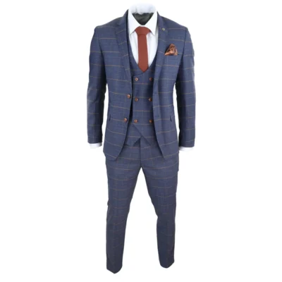 Men 3 Piece Navy Blue Check Double Breasted Waistcoat Formal Suit