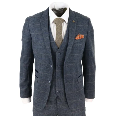 Men Blue Check 3 Piece Suit Herringbone Tweed Vintage Tailored Fit Grey Velvet