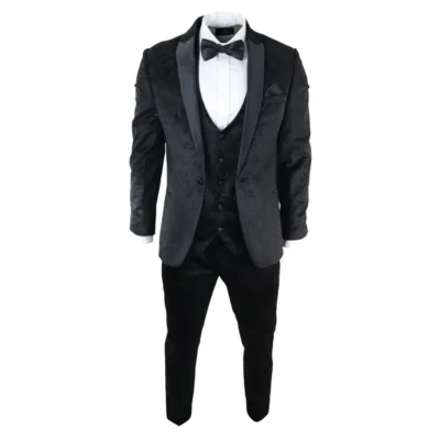 Men Marc Darcy Velvet Paisley Black Fit 3 Piece Suit Tuxedo Dinner Jacket Wedding