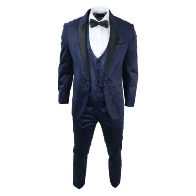 Men Marc Darcy Velvet Paisley Blue Fit 3 Piece Suit Tuxedo Dinner Jacket Wedding