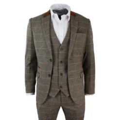 Marc Darcy DX7 Men's Check Tweed Brown 3 Piece Suit