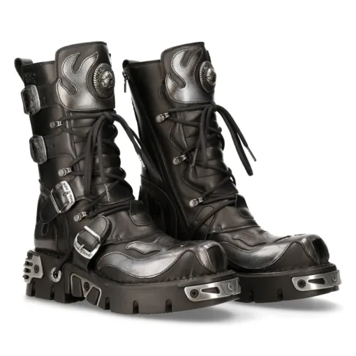New Rock 107-S2 Black Silver Leather Flame Boots