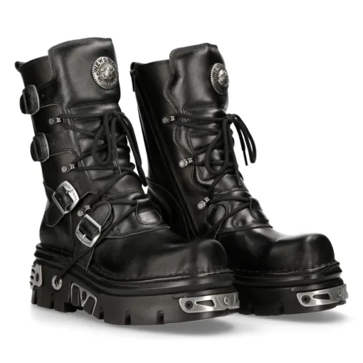 New Rock 373-S4 Metallic High Black Leather Biker Boots