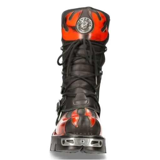 New Rock 591-s1 Red Flame Metallic Black Leather Boots