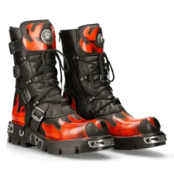 New Rock 591-s1 Red Flame Metallic Black Leather Boots