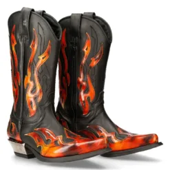 New Rock 7921-S2 Leather Black Red Cowboy Leather Boots