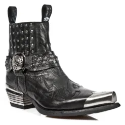New Rock 7950P-S1 Black Leather Military Cowboy Metal Heel