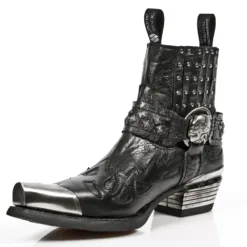 New Rock 7950P-S1 Black Leather Military Cowboy Metal Heel