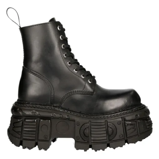 New Rock M-MILI084N-S5 Black Leather Platform Military Boots