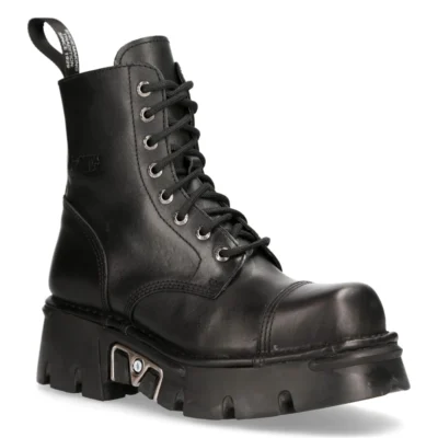 New Rock M-newmili083-s19 Combat Boots Black Leather Military Biker Shoes