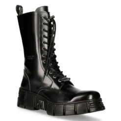 New Rock M-WALL027N-C2 Black Leather Mid-Calf Tower Boots