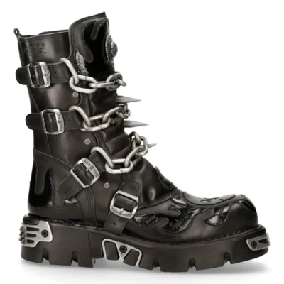 New Rock M.727-S1 Men Black Leather Skull Flame Reactor Boots